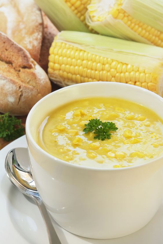 Fresh corn and parsley soup, with fresh sourdough bread. A warming and healthy meal.